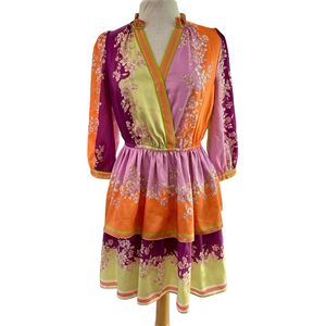 Current Air Sicily Dress Medium Multi-color Tiered Satin Floral Mini Women’s EUC